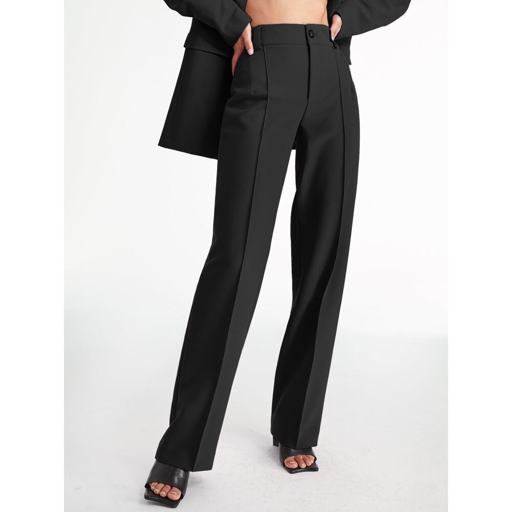 Commense Minimalist High Waisted Pleat Front Black Workwear Straight Leg Pants L